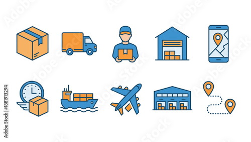 Logistics and delivery icon set showing package, truck, courier, warehouse, tracking map, express shipping, airplane, cargo ship, and route location pins. Supply chain and transportation vector pack.