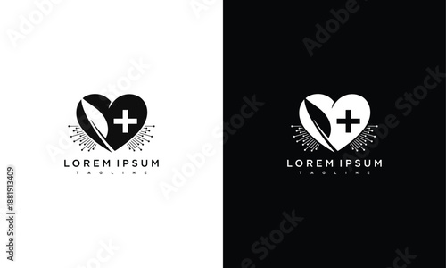 Medical Heart Logo Design Template with Cross Symbol on White and Black Backgrounds