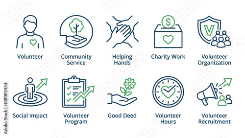 Volunteer and Charity Icon Set. Community Service, Helping Hands, Social Impact, Good Deeds, Nonprofit Support, Donation, Volunteer Recruitment, and Program Management Line Icons.