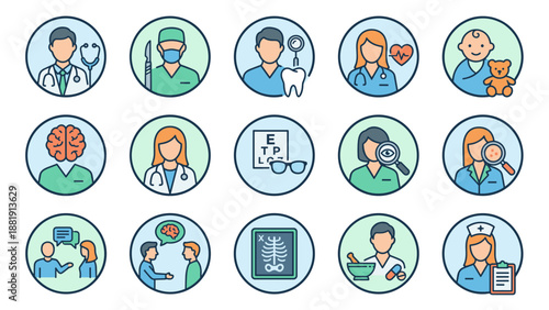Medical specialists icon set. Doctor, surgeon, dentist, cardiologist, pediatrician, neurologist, optometrist, dermatologist, nurse, therapist, radiologist, pharmacist. Healthcare concept illustration