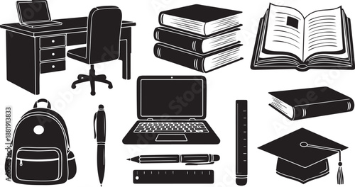 School and education supplies in black and white illustration
