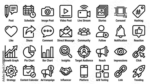 Set of 32 social media marketing icons in bold outline style. Includes post, schedule, live stream, statistics, follow, share, like, notification, audience, insights, and content strategy symbols.
