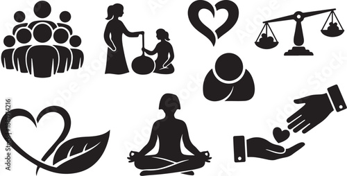 Black silhouettes of people and social care icons displayed