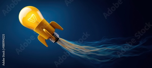 The light bulb rocket launching through blue space with glowing idea energy trails