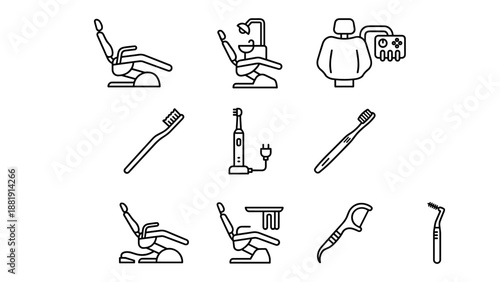 Dental care equipment icon set. Dentist chair, toothbrush, electric toothbrush, dental floss pick, interdental brush outline icons. Oral hygiene and dental clinic tools vector collection.