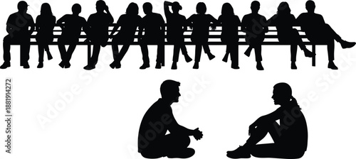 Black silhouette illustration of group sitting on bench and two individuals conversing, minimalist artwork highlighting social interaction and communication