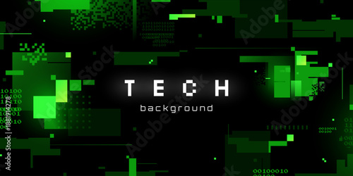 Abstract green glitch technology background with digital distortion, pixel blocks, and binary code elements. Futuristic cyber banner design. Ideal for tech branding, cybersecurity and sci-fi theme.