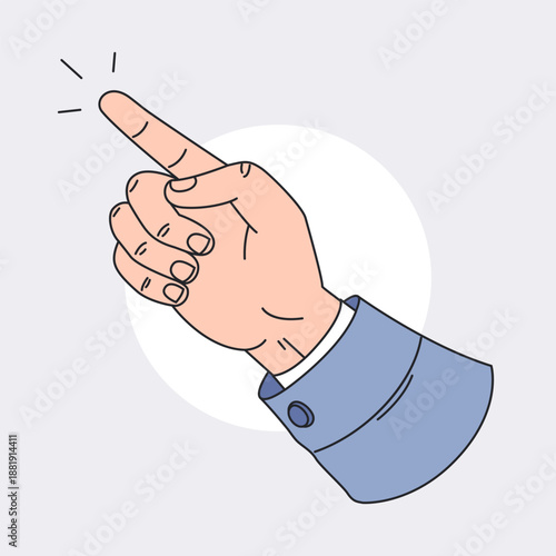 Vector illustration of human hand with an extended index finger pointing upward, symbolizing attention, instruction, idea, or direction. Flat outline style with soft colors.
