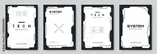 Set of abstract vector technology posters with futuristic frame borders, minimal black and white design, and sci-fi interface elements. Ideal for tech branding,banner, poster