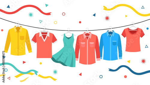 Colorful vector illustration of laundry hanging on a clothesline with confetti and streamers