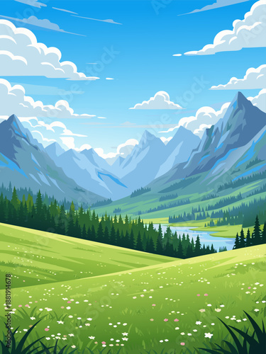 Scenic Mountain Valley Landscape Illustration with Green Hills and Blue Sky Vector Art