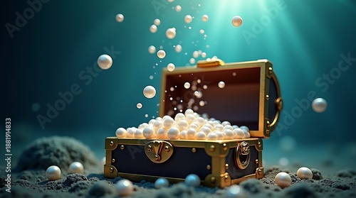 Wallpaper Mural Ascending Wealth: An 8K macro study of pearls floating like balloons from a sunken chest. Torontodigital.ca