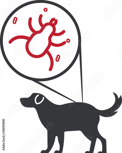Isolated pictogram of a dog with zoomed flea illustration, symbolizing pet health, hygiene, and parasite prevention for animal care.