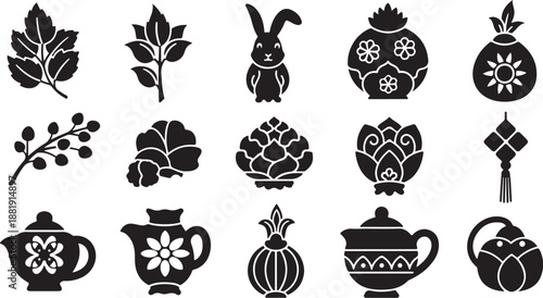Black and white floral tea icons and silhouettes collection