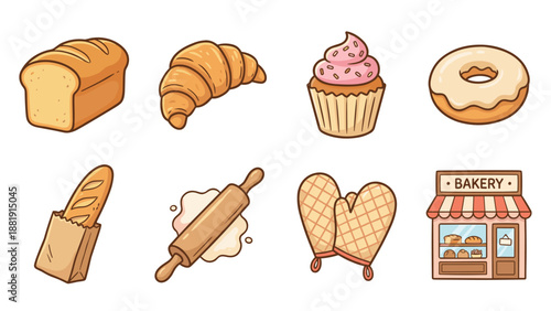 Bakery icons set vector. Delicious bread loaf croissant cupcake donut baguette rolling pin oven mitts and shop store front. Pastry cooking equipment. Sweet dessert snack. Breakfast.