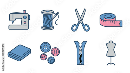 Sewing icons set. Tailoring fashion tools. Dressmaking equipment vector. Machine, scissors, thread, tape, buttons, fabric. Needlework, atelier, handmade, repair, textile craft.