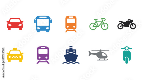 Transportation icons set. Vehicle symbols. Car bus train bicycle motorcycle taxi subway ship helicopter scooter. Travel commute concept. Urban traffic. Public transport logistic