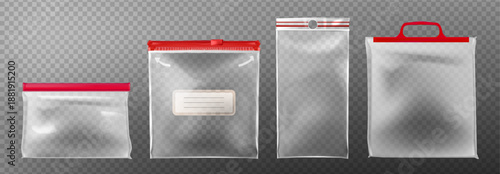 Set of plastic zip bags isolated on transparent background. Vector realistic illustration of empty big and small pvc packages for food or evidence, cellophane envelopes with red zipper and handle