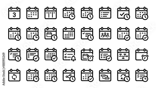 Calendar line icons set. Vector business time management symbols. Date plan organizer. Bold outline pictograms. Agenda appointment deadline. Office meeting planner. Daily events.