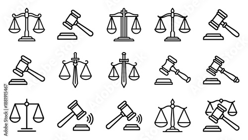 Law and justice icon set vector. Legal system symbols. Judge gavel and scales of balance. Courtroom hammer. Outline style. Authority concept. Verdict decision. Lawyer attorney.