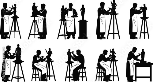 Black silhouette set of sculptor creating statue on stand isolated on white background, artistic process workshop vector illustration concept collection