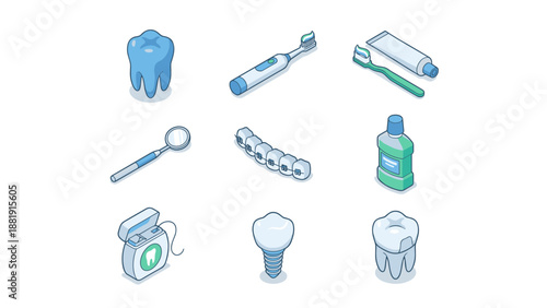 Dental icons set isometric 3d style. Stomatology equipment. Tooth, electric toothbrush, toothpaste, mirror, braces, mouthwash, floss, implant. Dentistry hygiene medical health care. Vector