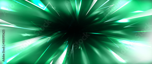 Light speed lines burst from black center. Vector realistic illustration of radial neon green rays zoom out, light refraction through crystal prism, abstract tunnel perspective, motion effect