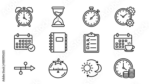 Time management icons set. Productivity planning symbols. Clock calendar stopwatch hourglass checklist. Business deadline schedule efficiency concept. Work organization tools line art.
