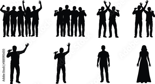 Black silhouette singers performing on stage with microphones isolated on white background concert music performance vector illustration set live show entertainment