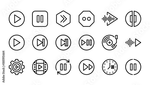 Multimedia control icons set. Vector line art play and pause buttons. Audio video interface symbols. Minimalist app elements. Fast forward, record, settings, film strip, sound wave.