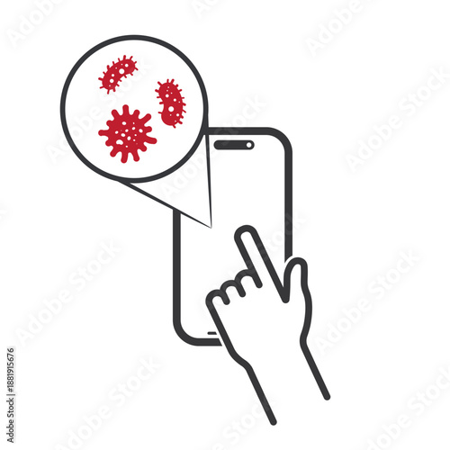 Isolated outline pictogram of smartphone with magnified germs, bacteria, viruses; safety sign reminding routine sterilization for hygiene and protection.