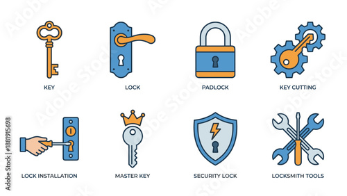 Locksmith service icons. Security protection system. Key cutting gear. Door lock repair. Master key crown. Shield guard. Maintenance tools. Safe padlock. Home safety vector set.