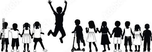 Children silhouettes standing together with jumping child, playful friendship concept, childhood joy and unity illustration isolated on white background vector art