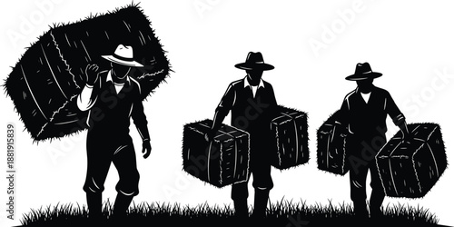 Black silhouette farmers carrying hay bales on rural field isolated on white background agricultural harvest labor vector illustration