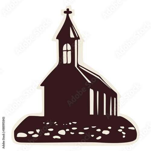 Little wayside pilgrimage chapel for camino passport stamp. Hand drawn black and white religious clip art for St James pilgrims way with scallop shell. For retreat faith based travel 