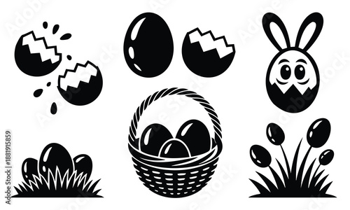 Easter Silhouette set bundle easter silhouette symbols broken eggs basket flowers