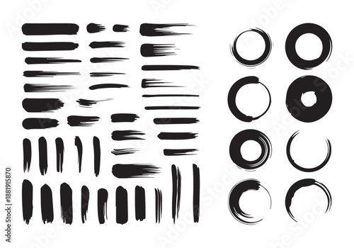 Set of forty eight artistic isolated black paintbrush strokes on white background, design element collection