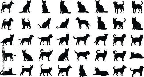 Dog and cat silhouettes collection showing various sitting standing walking poses, domestic pet animal shapes set isolated on white background illustration
