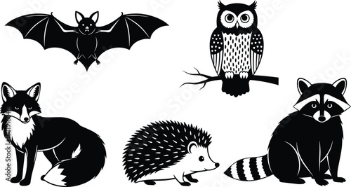 Detailed black and white wildlife illustrations featuring a nocturnal bat forest owl wild fox prickly hedgehog and curious raccoon for nature designs