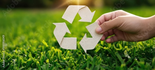 The recycling symbol held by hand above vibrant green grass in sunlight