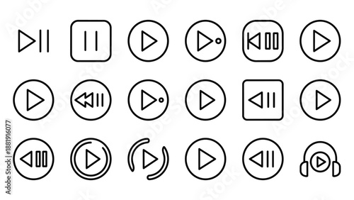 Minimalist multimedia play and pause button icons set. 16 vector line art symbols for media control interface, audio player, video playback, web design, mobile app, and user interface elements.