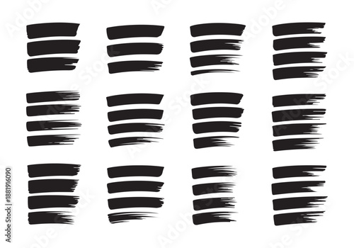 Collection of various isolated artistic black ink paint brush strokes and enso circles on white background