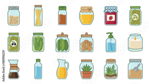 Zero waste glass jar icons set with food storage, reusable containers, kitchen supplies, eco-friendly lifestyle, sustainability concept, hand wash soap, plants, candle, honey, and coffee illustration