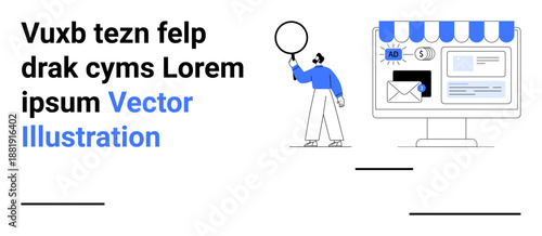 Person with magnifying glass examines a computer showing online store, ads, and email tools. Ideal for marketing, e-commerce, business, digital strategy, data analysis, SEO simple landing page