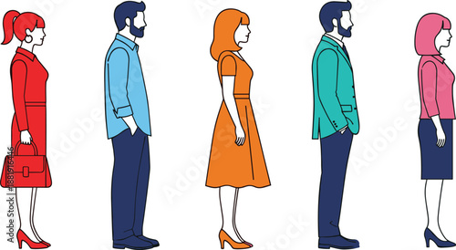 Minimalist flat design illustration of five diverse people standing in profile view, alternating male and female, showcasing fashion, style, and individuality