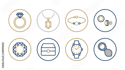 Jewelry icons set. Luxury accessories. Diamond ring necklace bracelet earrings watch gemstone box loupe. Linear outline symbols. Precious stone. Engagement concept. Fashion vector.