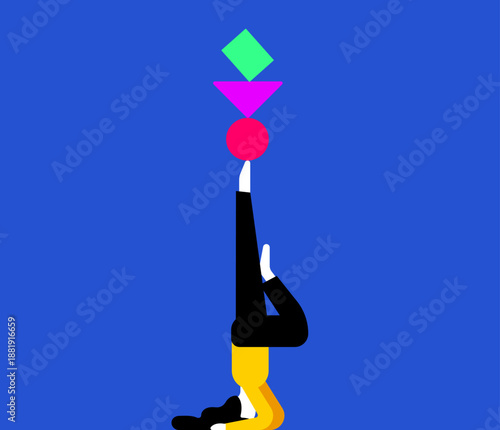 Illustration of a person doing yoga and balancing with various triangle, circular and rectangle shape