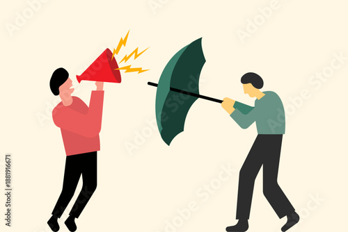 A man is shouting, and another man is holding an umbrella to protect him. Anger management and influence illustration
