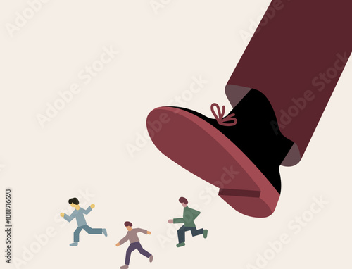 A man with big power running away from a Big guy, an authoritarian domination illustration