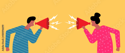 Two people with megaphones arguing with each other, an angry expression illustration